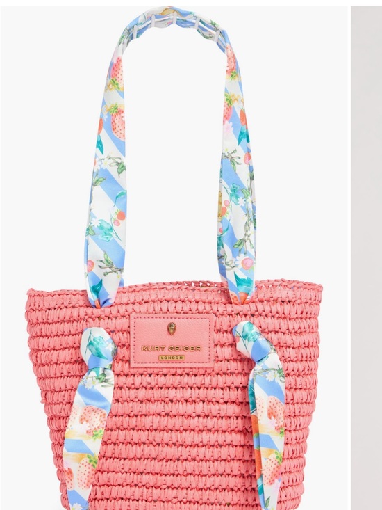 Kurt Geiger Handbags - Kurt Geiger Small Raffia Woven Tote Pink/ Coral with Floral Scarf Handles
